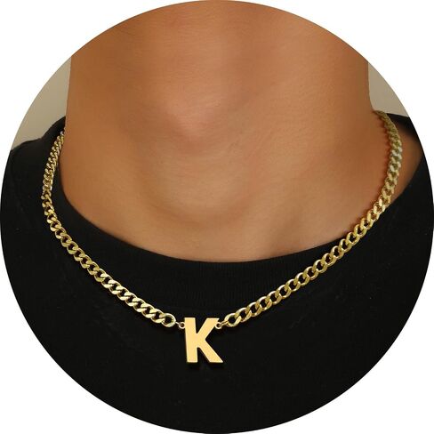 18+2 Inch Initial Letter Pendant Necklace for Men Women, 18K Gold Plated Stainless Steel Capital A-Z Alphabet Name Necklaces 4.5mm Cuban Link Chain with Initial - Send Gift Box in Saudi Arabia