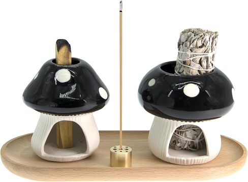 حامل فطر بالو سانتو، حامل حكيم للحرق، شيمينيا للبخور، وعاء تلطيخ حزمة حكيم، صينية الماسك الرماد السيراميك (مجموعة مستديرة سوداء) in Kuwait