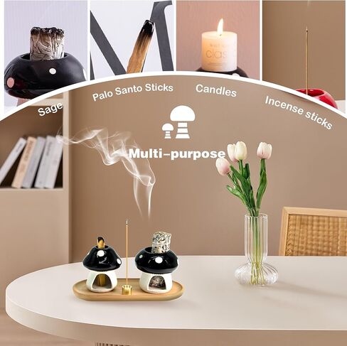 حامل فطر بالو سانتو، حامل حكيم للحرق، شيمينيا للبخور، وعاء تلطيخ حزمة حكيم، صينية الماسك الرماد السيراميك (مجموعة مستديرة سوداء) in Kuwait