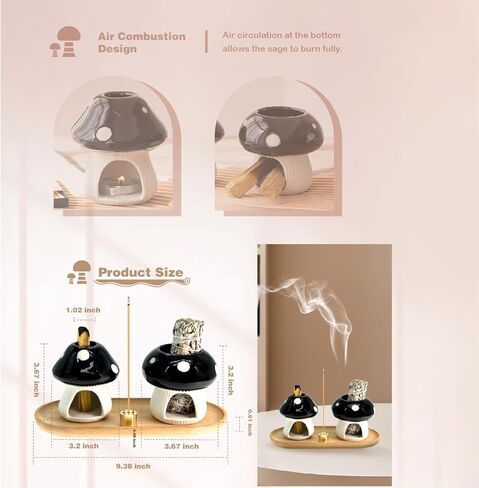 حامل فطر بالو سانتو، حامل حكيم للحرق، شيمينيا للبخور، وعاء تلطيخ حزمة حكيم، صينية الماسك الرماد السيراميك (مجموعة مستديرة سوداء) in Kuwait