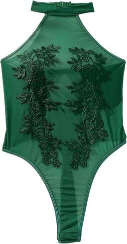 Sexy Halter Sheer Applique Floral Mesh Lingerie Teddy Bodysuit Top One Piece in Saudi Arabia