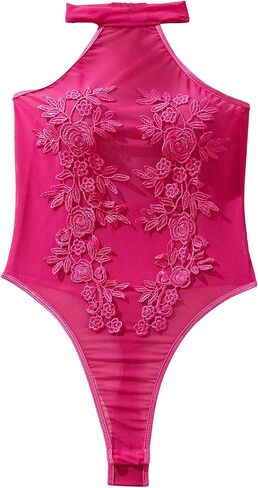 Sexy Halter Sheer Applique Floral Mesh Lingerie Teddy Bodysuit Top One Piece in Saudi Arabia