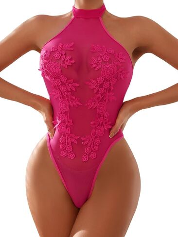 Sexy Halter Sheer Applique Floral Mesh Lingerie Teddy Bodysuit Top One Piece in Saudi Arabia