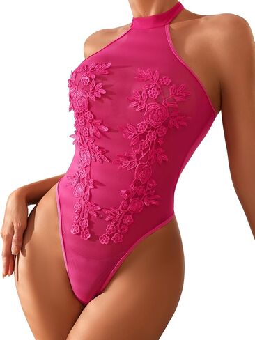 Sexy Halter Sheer Applique Floral Mesh Lingerie Teddy Bodysuit Top One Piece in Saudi Arabia