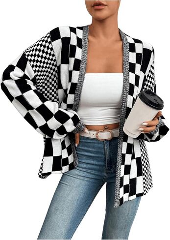 GORGLITTER Women's Checkered Oversized Cardigan Sweater Long Sleeve Open Front Knit Cardigans Outwear in Saudi Arabia