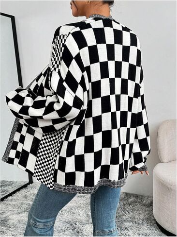 GORGLITTER Women's Checkered Oversized Cardigan Sweater Long Sleeve Open Front Knit Cardigans Outwear in Saudi Arabia