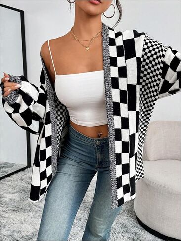 GORGLITTER Women's Checkered Oversized Cardigan Sweater Long Sleeve Open Front Knit Cardigans Outwear in Saudi Arabia