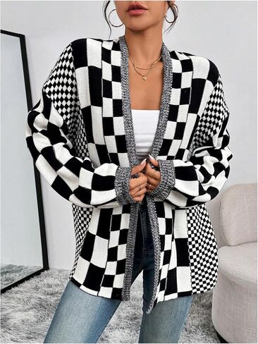 GORGLITTER Women's Checkered Oversized Cardigan Sweater Long Sleeve Open Front Knit Cardigans Outwear in Saudi Arabia