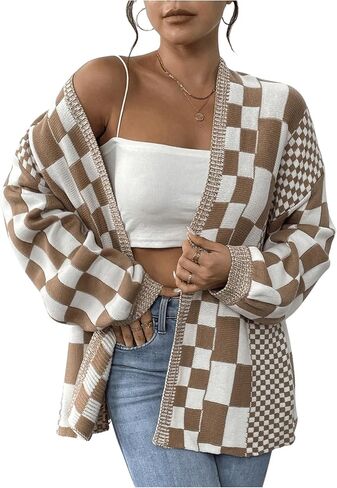 GORGLITTER Women's Checkered Oversized Cardigan Sweater Long Sleeve Open Front Knit Cardigans Outwear in Saudi Arabia