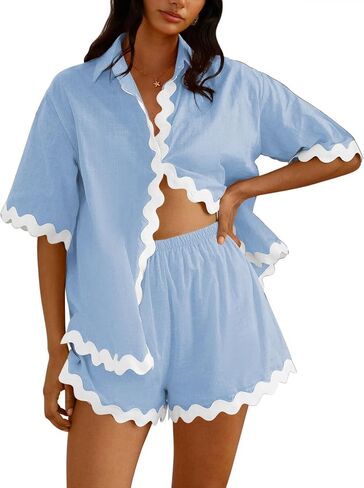 Fixmatti Women Two Piece Summer Sets Short Sleeve Button Down Shirts Short Sets in Saudi Arabia