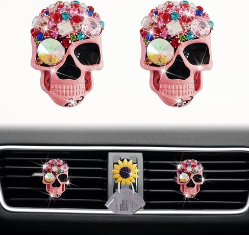Pink Skull Air Vent Clips, 2 Pcs Bling Skeleton Car Air Fresheners Vents Clips Funny Car Diffuser Diamond Car Interior Decor Cute Car Accessories Car Decoration for Women +Sunflower Mask Hook in Saudi Arabia