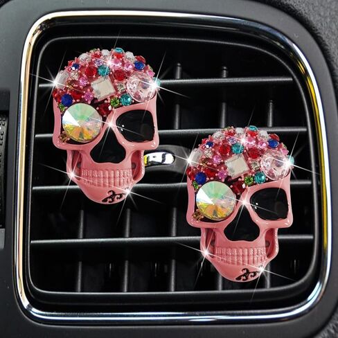 Pink Skull Air Vent Clips, 2 Pcs Bling Skeleton Car Air Fresheners Vents Clips Funny Car Diffuser Diamond Car Interior Decor Cute Car Accessories Car Decoration for Women +Sunflower Mask Hook in Saudi Arabia
