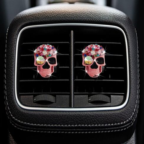 Pink Skull Air Vent Clips, 2 Pcs Bling Skeleton Car Air Fresheners Vents Clips Funny Car Diffuser Diamond Car Interior Decor Cute Car Accessories Car Decoration for Women +Sunflower Mask Hook in Saudi Arabia