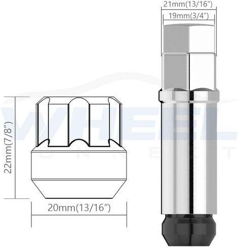 WHEEL CONNECT Open End Spline Lug Nuts, Acorn for Conical Seat. Thread 12x1.5, Set of 20 with 1 Key and 1 Storage Bag, for Aftermarket Custom Tuner Wheel with Center Cap. Chrome Finish.M12 X 1.5 in Kuwait