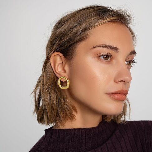 Chunky Gold Earrings, Gold Statement Drop Stud Earrings Trendy | Thick Oval, Geometric, Bow, Circle, Rectangle Earrings | Large Gold Earrings for Women Jewelry Gift in Kuwait