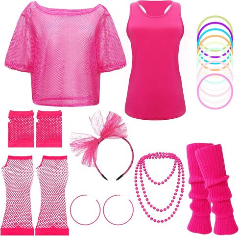 80s Outfit Women Costume Accessories Set Fishnet Top Neon Off Shoulder T-Shirt 80 Fancy Party Lace Headband Leg Warmer in Saudi Arabia