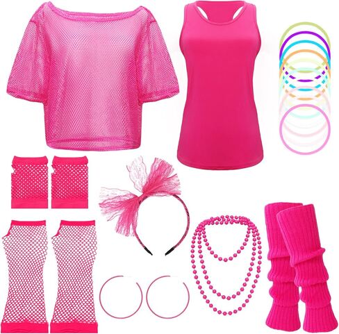 80s الزي النساء زي الاكسسوارات مجموعة شبكة صيد السمك أعلى النيون قبالة الكتف تي شيرت 80 يتوهم حزب الدانتيل عقال جوارب السيقان in Kuwait