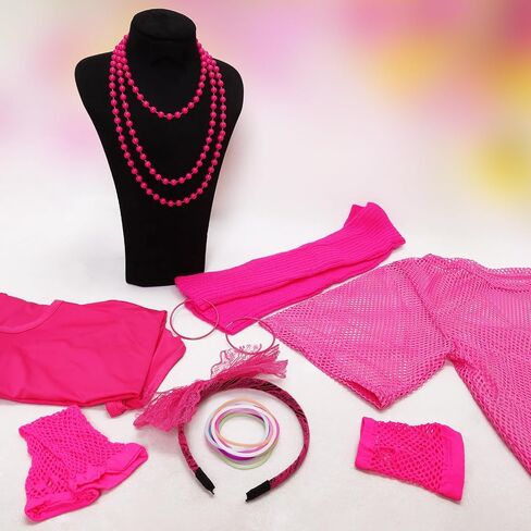 80s Outfit Women Costume Accessories Set Fishnet Top Neon Off Shoulder T-Shirt 80 Fancy Party Lace Headband Leg Warmer in Saudi Arabia