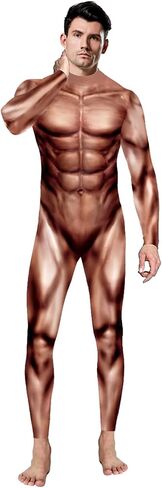 Men's 3D Muscle Printed Cosplay Bodysuit Halloween Costume Sexy Catsuit Jumpsuit in Kuwait
