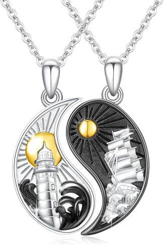 Yin Yang Necklace 925 Sterling Silver Lighthouses and Boats Matching Pendant Necklace Yin and Yang Necklace 2 Lighthouses Ships Nautical Landscape Necklace Set for Voyagers Lover Friendship in Saudi Arabia