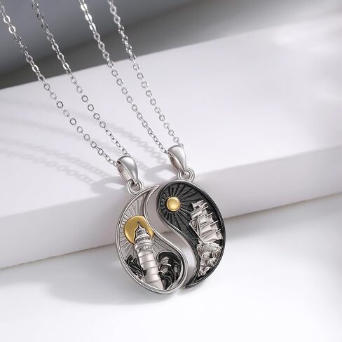 Yin Yang Necklace 925 Sterling Silver Lighthouses and Boats Matching Pendant Necklace Yin and Yang Necklace 2 Lighthouses Ships Nautical Landscape Necklace Set for Voyagers Lover Friendship in Saudi Arabia