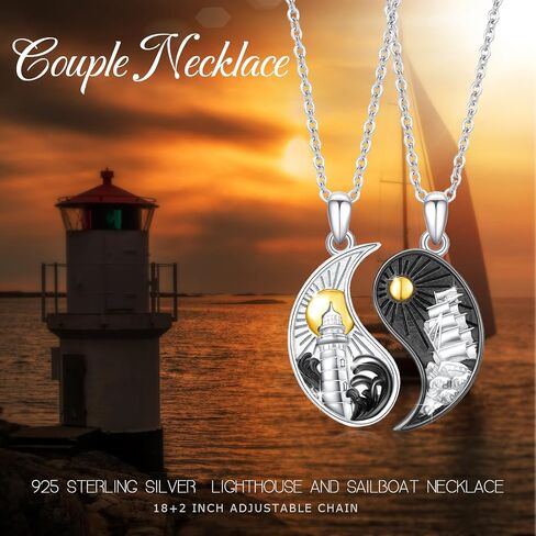 Yin Yang Necklace 925 Sterling Silver Lighthouses and Boats Matching Pendant Necklace Yin and Yang Necklace 2 Lighthouses Ships Nautical Landscape Necklace Set for Voyagers Lover Friendship in Saudi Arabia
