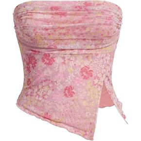 Women Floral Printed Mesh Ruched Crop Tube Tops Casual Sleeveless Strapless Split Hem Boho Bandeau Summer Cami Tops