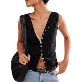 LILTWIST Womens Button up Vest Tops Ribbed Knit Sleeveless Sweater Tank Tops Y2k Open Front Crewneck Fitted Crop Vest Shirts