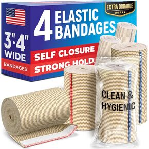 High-Performance Elastic Bandage Wrap - 4pk (2x3, 2x4") - Strong Self-Closing Compression Bandage Wrap - Foot, Ankle, Wrist, Knee, Body Wrap