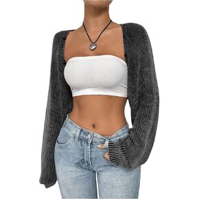 WDIRARA Women's Long Sleeve Open Front Crop Cardigan Sweater Drop Shoulder Knitted Bolero Shrug