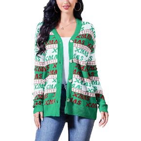 سترة KOJOOIN النسائية القبيحة للكريسماس مفتوحة من الأمام من Caidigans محبوكة بأكمام طويلة وأزرار سفلية سترة صوفية in Kuwait