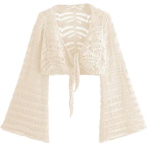 SHENHE Women's Deep V Neck Bell Sleeve Tie Front Hollow Out Sexy Crop Cardigan Knit Top