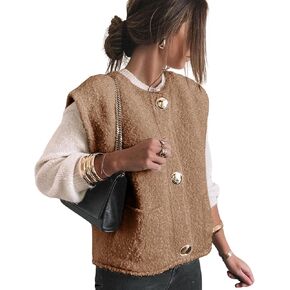 Womens Fleece Sweater Vest Casual Sleeveless Button Down Knit Gilet Outerwear Cardigan with Pockets(Khaki-M)
