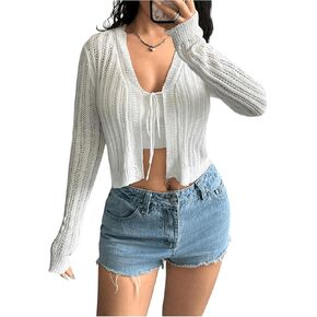 SweatyRocks Women's Casual Lightweight Long Sleeve Cardigans Hollow Out Knitted Shrugs Sweater