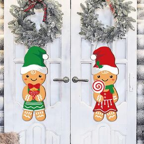ZhowHoHo 2 Pcs Christmas Wooden Gingerbread Man Decor 27.56 Inch Tall Xmas Large Hanging Gingerbread Man Holiday Decor Set Gingerbread Man Porch Signs for Front Door Porch Indoor Outdoor Home Decor