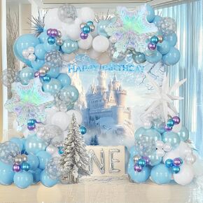 140pcs Winter Wonderland Balloon Arch Kit - Blue, White,Silver Gold Snowflake Balloons For Snowman Party, Princess,Snow Queen Birthday Decorations, Winter Wonderland Baby Shower, Christmas Decor