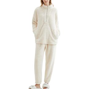 Gihuo Womens Zip Pajama Sets Fuzzy 2 Piece Pjs Set Stand Collar Fluffy Loungewear Fleece Pullover Pants Set