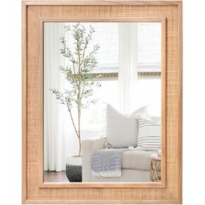 Round Rattan Wall Mounted Mirror 30" with Wood Framed Farmhouse Boho Circle Bathroom Mirror Hanging Decorative Mirror for Bedroom Living Room Entryway