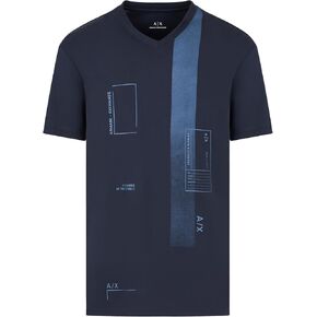 Armani Exchange Men's V-Neck Scattered Logo Elements with Faded Horizontal Bar Regular Fit Tee