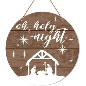 Muktoujaumai Christmas Sign Front Door Decor, Christmas Round Hanging Sign Decor Rustic Xmas Holiday Wall Decorations Winter Wood Sign for Door, Porch, Home, Oh Holy Night