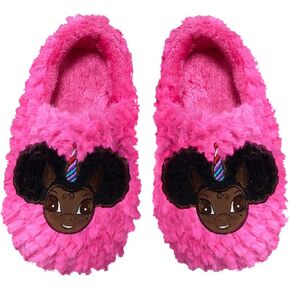 Afro Puff Unicorn Hot Pink Plush Slipper - Dark Brown with Black Hair