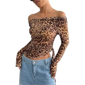 GORGLITTER Women's Leopard Print Off The Shoulder Crop Top Mesh Long Sleeve Asymmetrical T Shirts