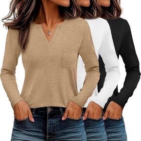 Neer 3 Pack Women's V Neck Long Sleeve Shirts Casual Basic Tops Loose Blouses with Pocket Fall Pullover Trendy Outfits