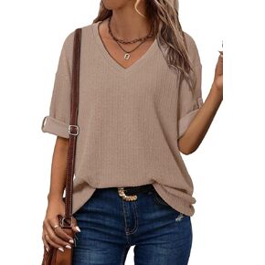 Dokotoo Women's Tops Dressy Casual V Neck Short Sleeve Rolled Hem Loose Blouses T Shirts