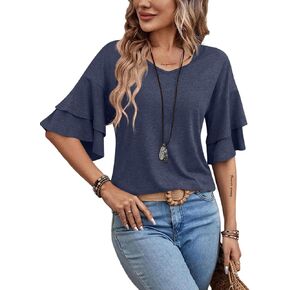 Remidoo Womens Double Layer Bell Sleeve T Shirt V Neck Tee Top