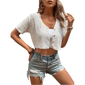 SHENHE Women's Short Sleeve Cropped Cardigan Sheer Lighweight Button Down Knit Shrug Sweater