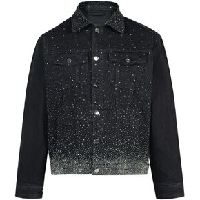 Men's Slim Fit Stretch Denim Jacket, Long Sleeve Streetwear Jean Jackets For Man, Crystal Rhinestone Embellished Black Coat