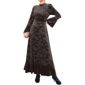 IDOPIP Women Long Bell Sleeve Floral Velvet Maxi Dress Fall Mock Neck Wedding Guest Dress Elegant Evening Cocktail Prom Gown