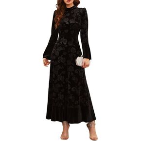 IDOPIP Women Long Bell Sleeve Floral Velvet Maxi Dress Fall Mock Neck Wedding Guest Dress Elegant Evening Cocktail Prom Gown