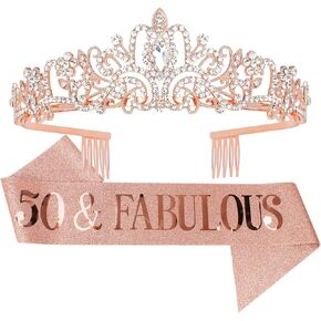 AOPRIE 50 Fabulous Birthday Crown Sash for Women Rose Gold Birthday Tiara for Girls 50th Birthday Gifts Decoration for Women Princess Crown Rhinestone Headband Happy Birthday Accessories